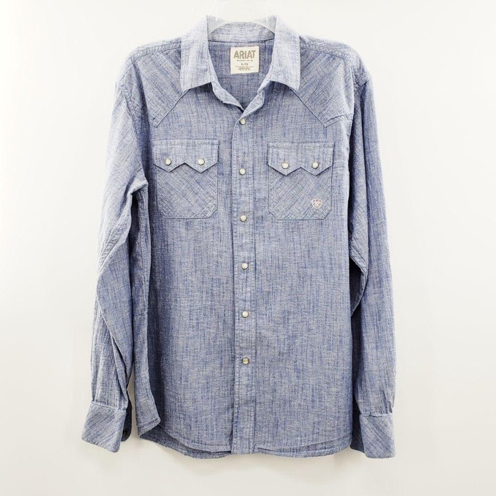 Ariat Mens Pearl Snap Button fron Shirt L Blue